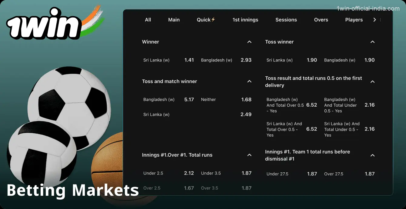 Betting Markets on the 1Win website in India