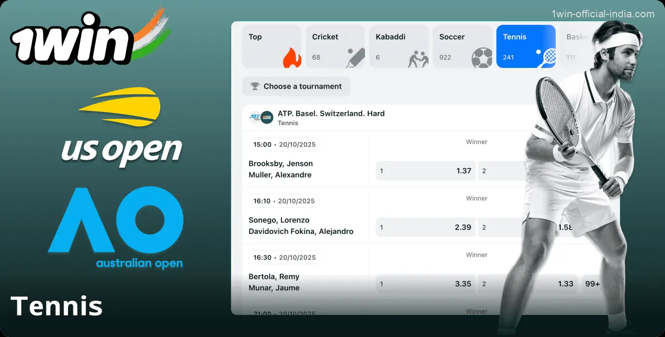 Tennis betting on the 1Win website in India